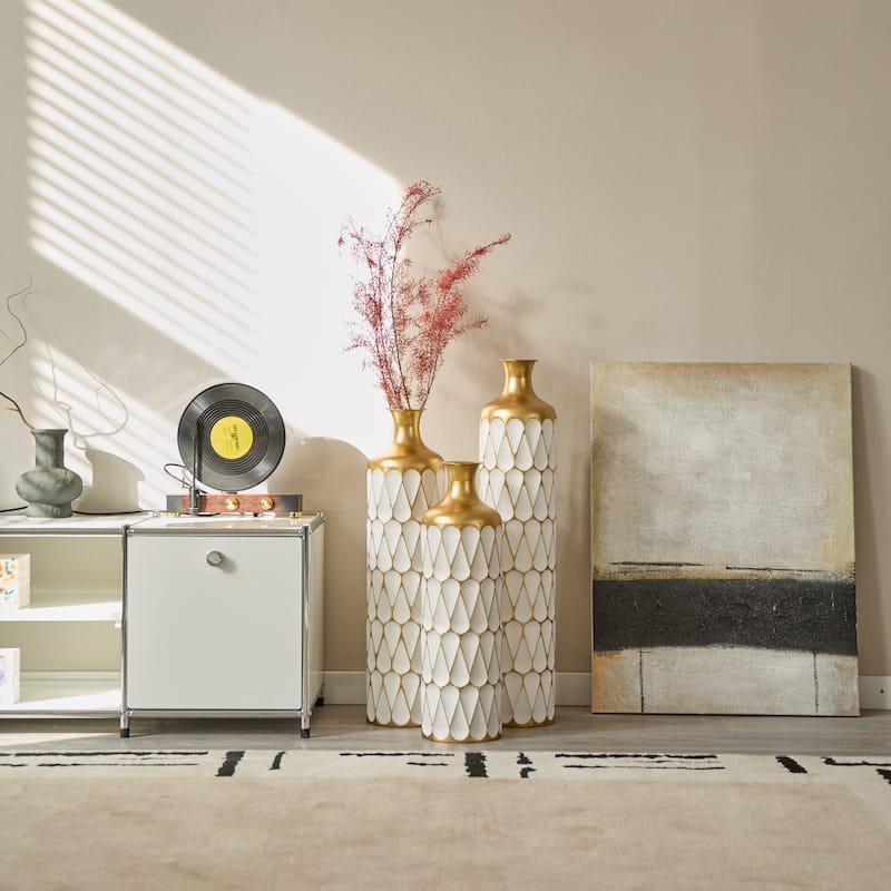 Floor Metal Vase Modern Style Droplet Shaped White Metal Vase 3-Piece Set Gorgeous Home Decoration Large Glazed Metal Vase