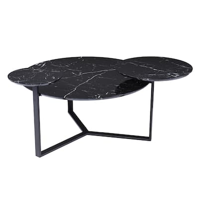Contemporary Black Round Coffee Table with Faux Marble Top Metal 3-Leg Base Functional Storage for Living Room