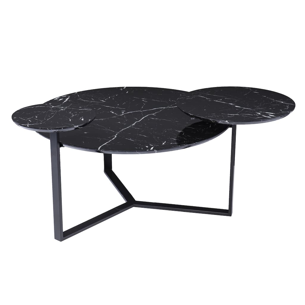 Contemporary Black Round Coffee Table with Faux Marble Top Metal 3-Leg Base Functional Storage for Living Room