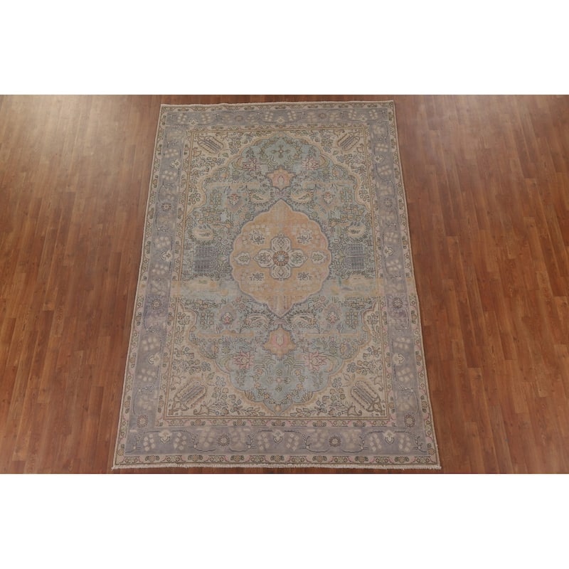 Antique Distressed Tabriz Persian Rug Home Decor Handmade Wool Carpet - 6'5" x 9'7"