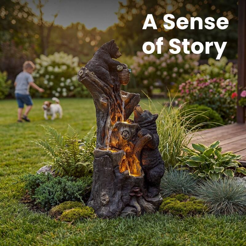 Vbal Resin Bears and Honeycomb 4-Tier water extraction Outdoor Fountain with LED Light