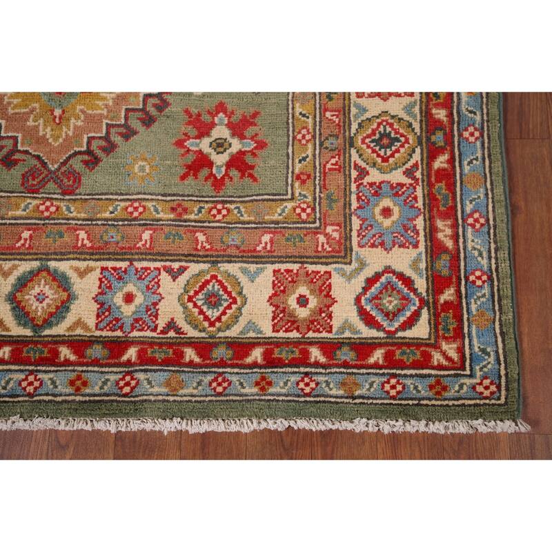 Hand Knotted Oriental 100% Wool Carpet Traditional Geometric Green Kazak Area Rug - 5' 11'' X 4' 0''