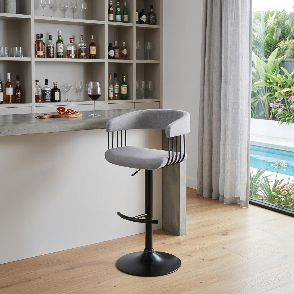 HomeRoots Light Gray And Black Fabric And Metal Adjustable Height Swivel Bar Chair