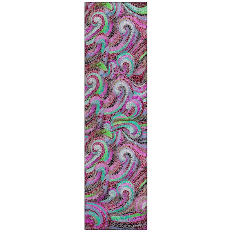 Indoor/ Outdoor Surfside Mosaic Waves Washable Rug New - Raspberry - 2'3" x 7'6"