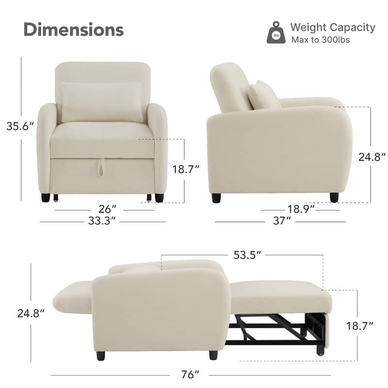 Spruce & Spring Modern Pull-Out Accent Chair Bed with Adjustable Backrest & Space-Saving Design