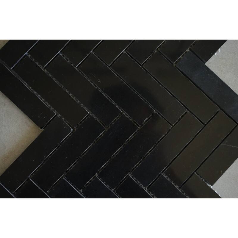 Nero marquina 1 x 4 Marble Harringbone Wall and Floor Mosaic - Case (10 Sheets)