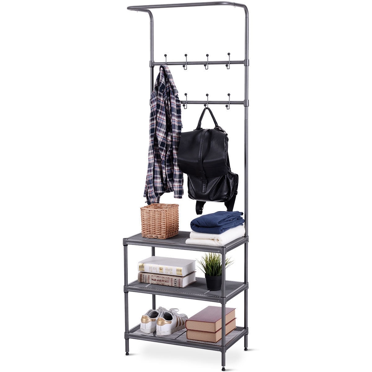 2-Tier Entryway Garment Rack Clothes Hanger Shoe Bench Closet Organizer Metal