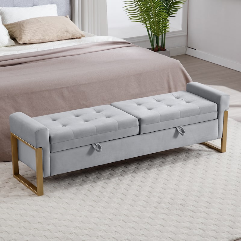 66" Storage Bench King Size End of Bed with Double Lids and Gold Legs - Grey - Velvet