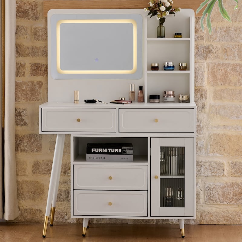 Modern Makeup Vanity Set with PU Cushioned Stool, Retractable Dressing Table Vanity Desk with Mirror, Light & Power Outlet