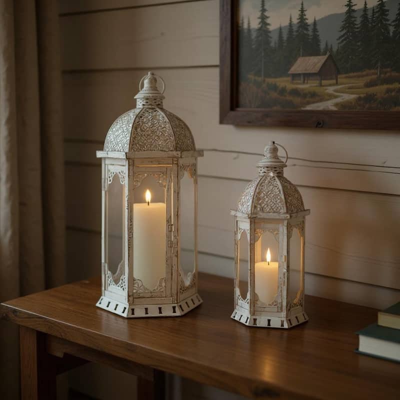 Set of Two White Distressed Ornate Metal Tabletop Lantern Candle Holders - Off White