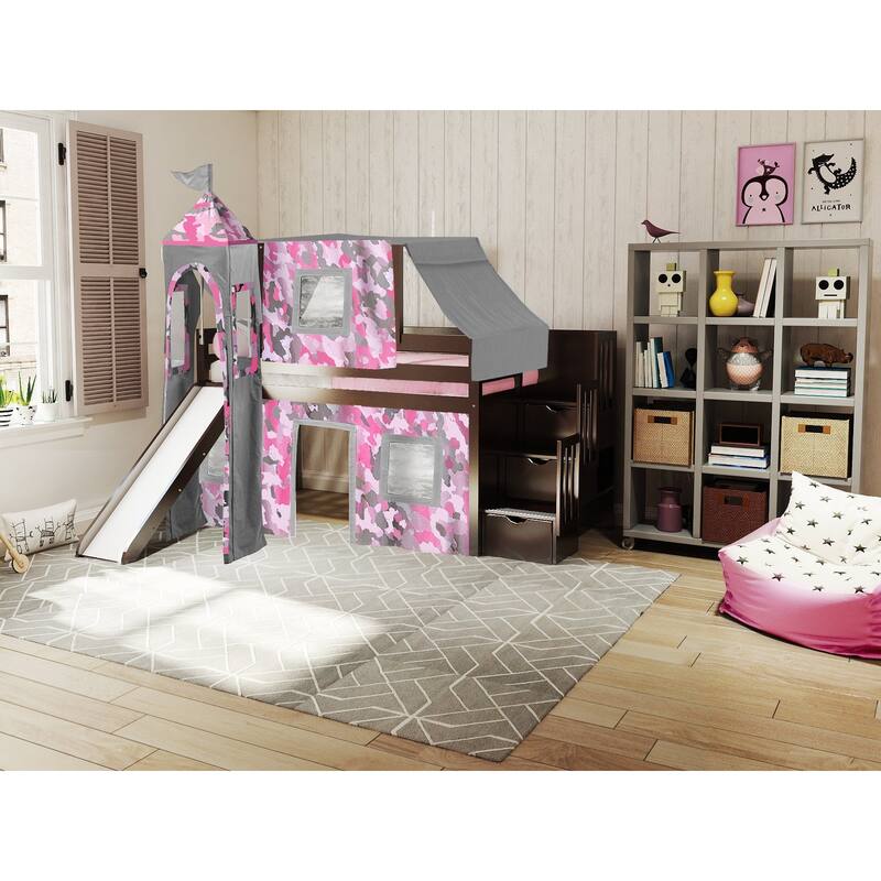 JACKPOT Prince & Princess Low Loft Twin Bed, Stairs Slide Tent & Tower
