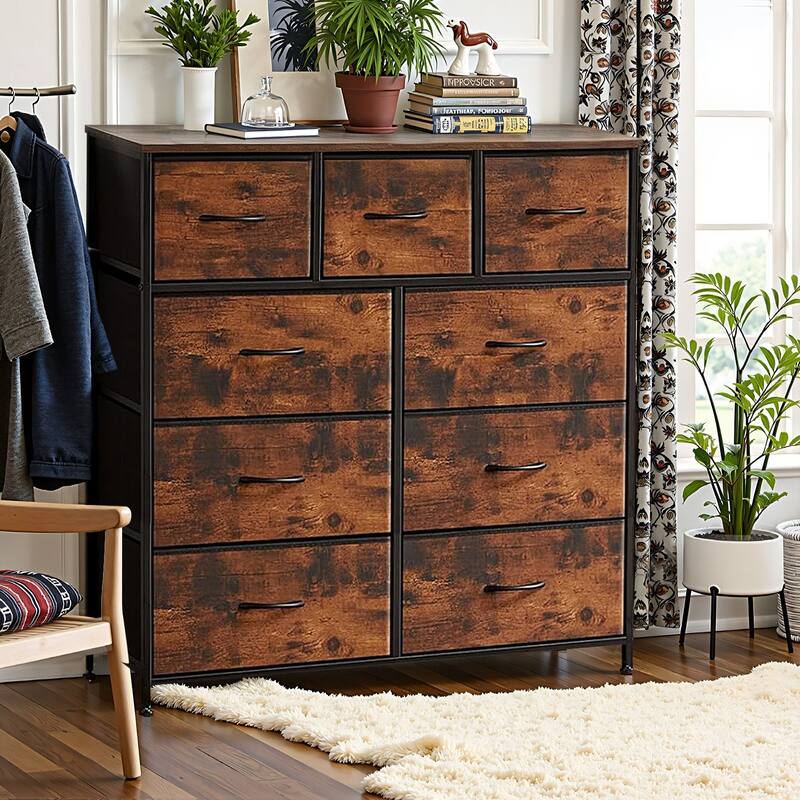 Dresser for Bedroom, Storage Organizer with 9 Drawers, Chest of Drawers with Fabric Bins, Sturdy Metal Frame, Wood Tabletop - Rust Brown