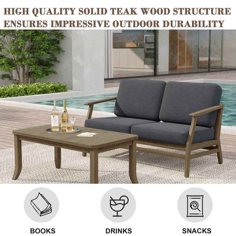 Teak Wood Patio Outdoor Loveseat Sofa and Coffee Table Set