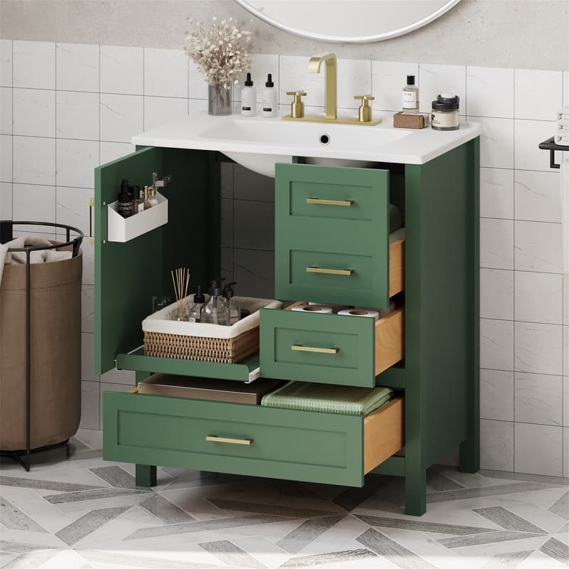 30'' Bathroom Vanity with Ceramic Sink, Freestanding Bathroom Vanity Cabinet with Soft Close Door, 3 Drawers and Removable Tray