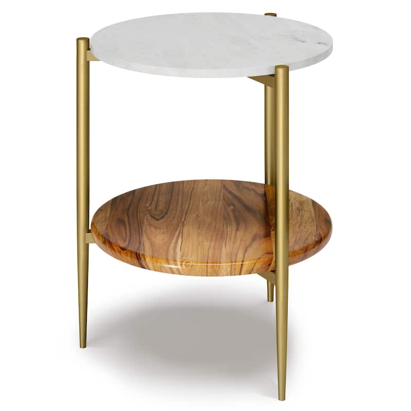 WYNDENHALL Fleetwood 18 inch Wide Metal Round Marble & Wood Side Table in White/Natural - 18" W x 18" D x 23" H