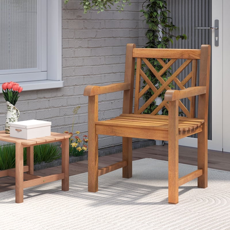 Gymax Teak Wood Patio Dining Chair Outdoor Armchair w/ Slatted Seat &