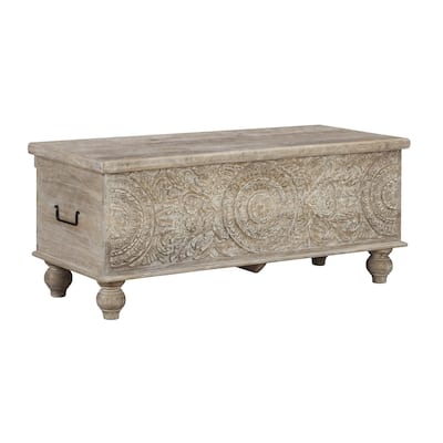 Medallion Pattern Wooden Storage Bench, Hinged Opening, Antique White, Black
