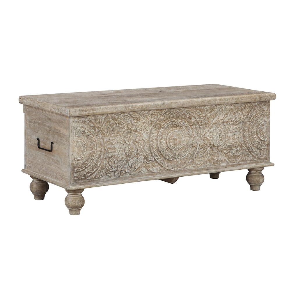 Medallion Pattern Wooden Storage Bench, Hinged Opening, Antique White, Black