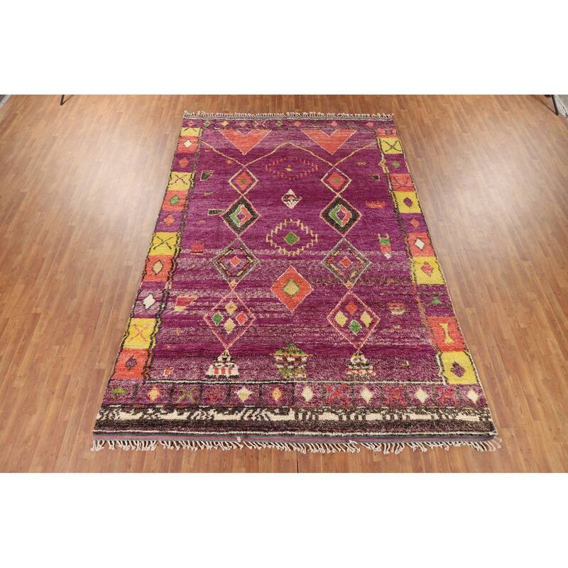 Purple Moroccan Oriental Area Rug Handmade Geometric Wool Carpet - 8'6" x 12'7"