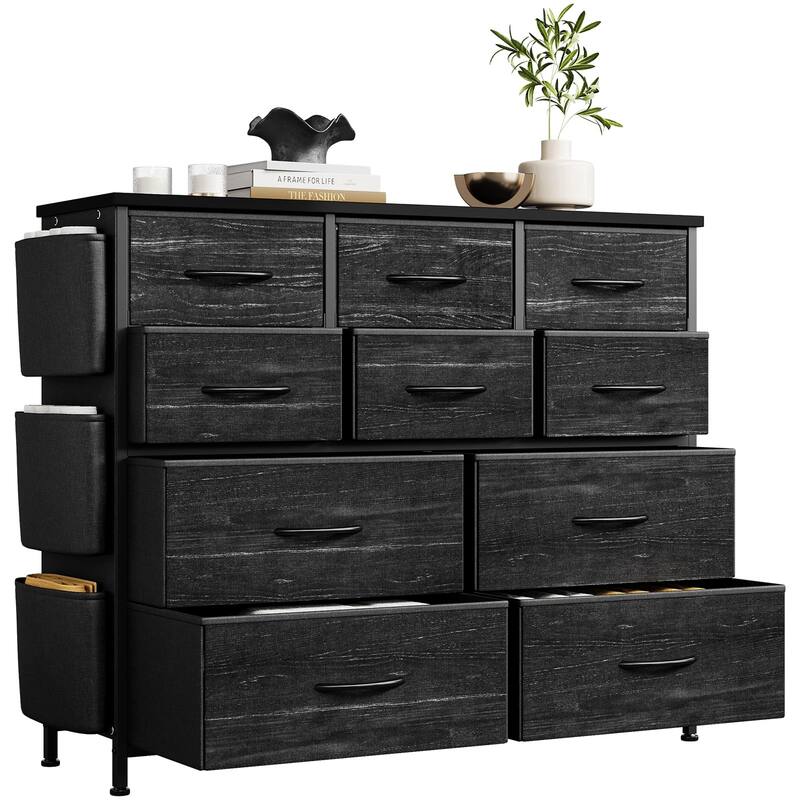 Fabric 10 Drawer Dresser for Bedroom, Metal Frame Storage Organizer Chest with Side Pockets, Hooks