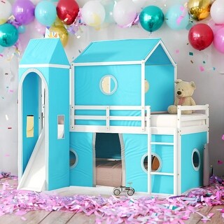 Multifunction Twin Size Bunk Bed With Slide Blue Tent and Tower
