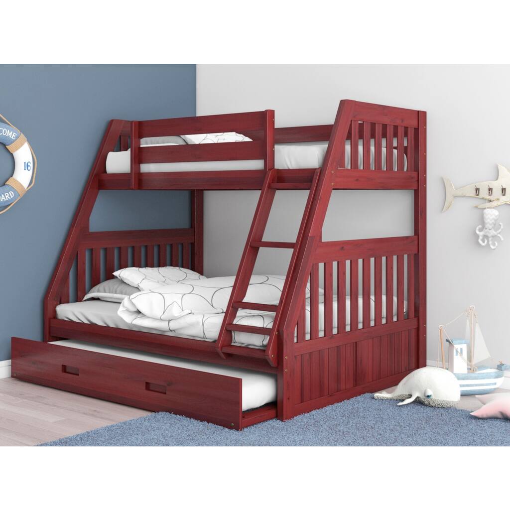Twin Over Full Bunk Bed with Trundle - Solid Pine Wood, Merlot Finish, Space Saving Design