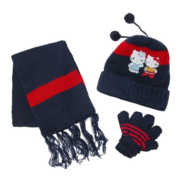 Girls Knit Hello Kitty Winter Hat with Pompom Scarf and Matching Gloves