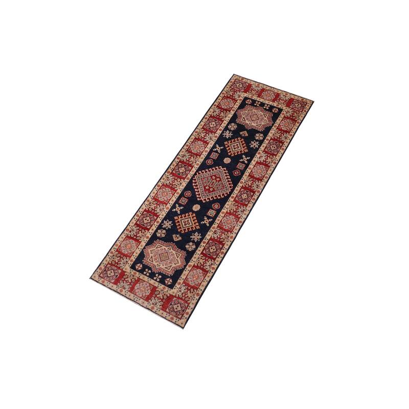 Rustic Kazak Esmeralda Blue/Red Wool Runner - 2'6'' x 9'7''