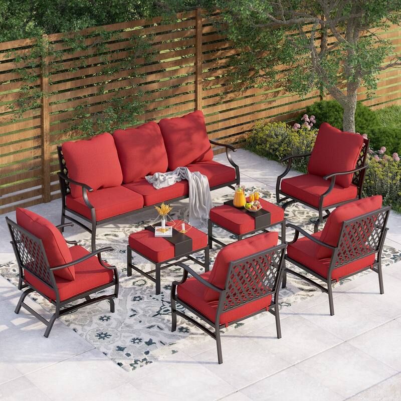MAISON ARTS 6/7-Piece Patio Conversation Sets, Sofa Set with 2/4 x Single Chairs, 1 x 3-seater Sofa and Coffee Table/Ottomans - Set 6 - Red