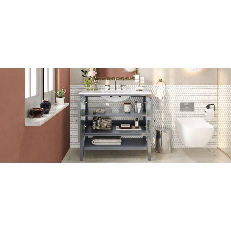 36" Bathroom Vanity with Ceramic Sink, Adjustable Shelf and Open Shelf with Wood Legs, Metal Knobs and Soft Close Hinges Design