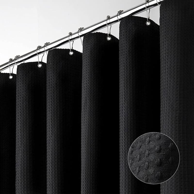 Waffle Textured Heavy Duty Thick Fabric Shower Curtain, Luxury Weighted Polyester Fabric Shower Curtain Set - Black