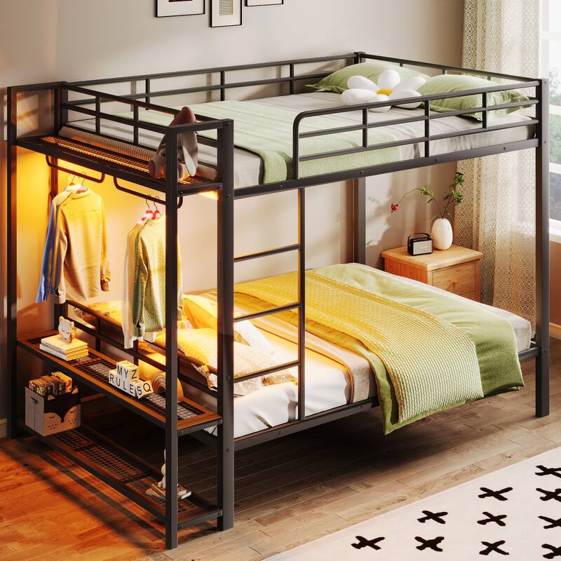 GDFStudio - Full Size Metal Bunk Bed with LED, Storage Shelves & Hooks