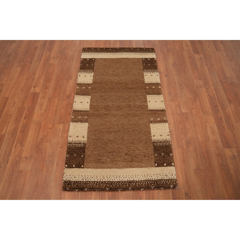Hand Knotted Oriental 100% Wool Carpet Modern Geometric Brown Gabbeh Area Rug - 4' 5'' X 2' 5''