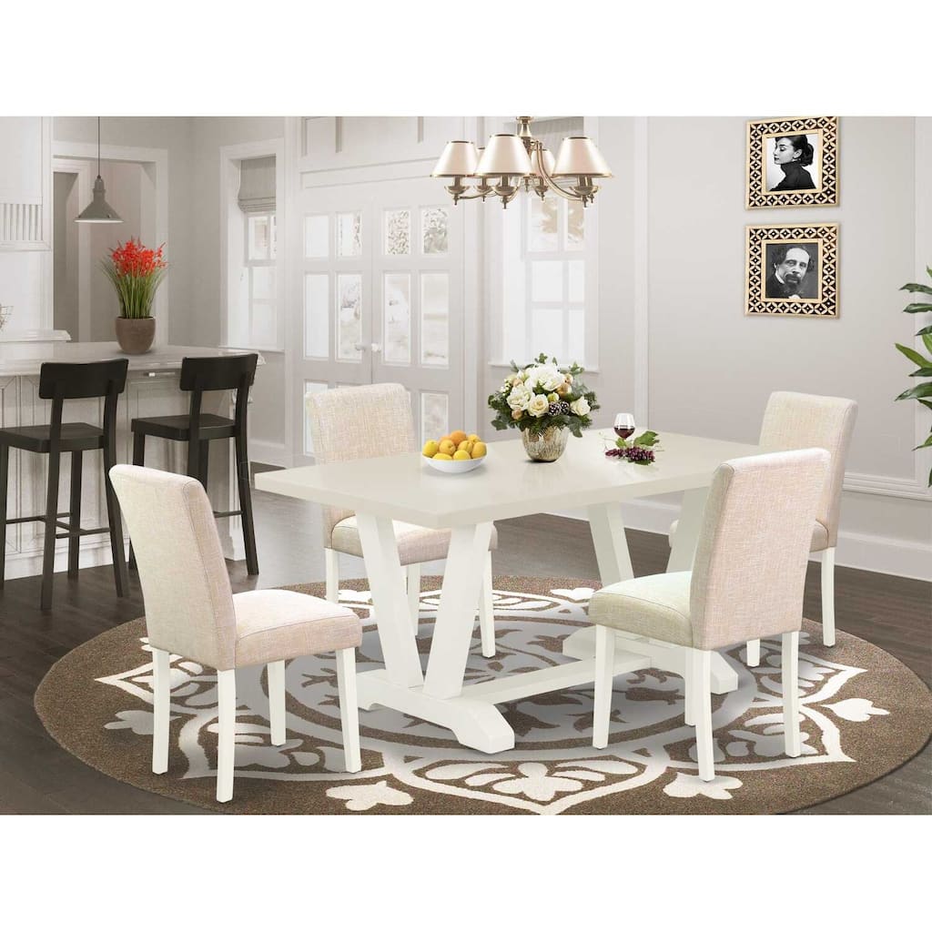HomeStock 5-Pc Rectangle Natural Oak Finish Solid Wood Top Dining Table with 4 Parson Chair