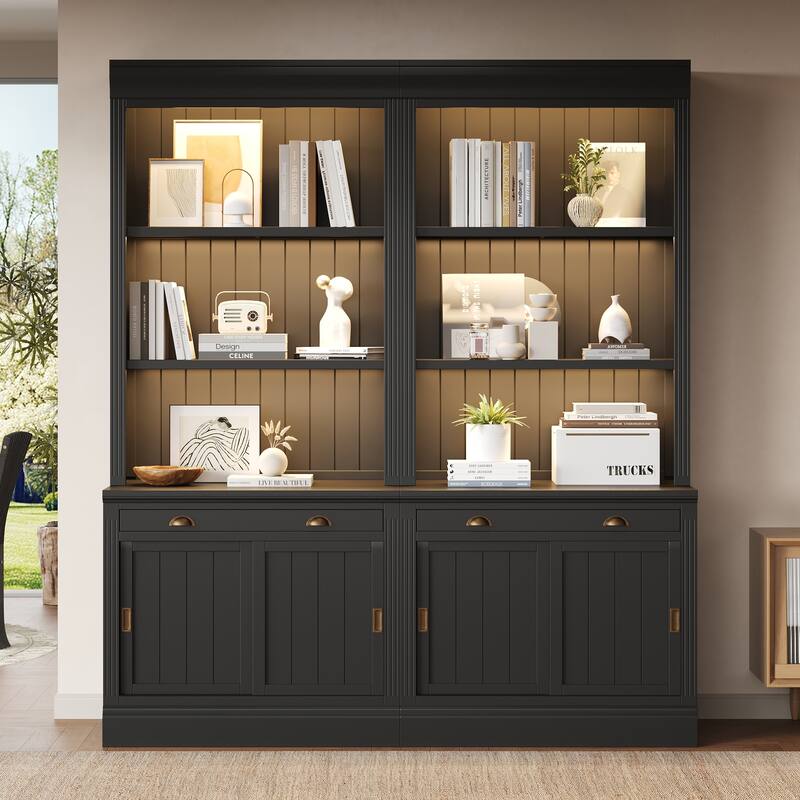 83.4" Modern LED Bookshelf with Sliding Doors & Open Shelves - Space-Saving Storage Bookcase for Living Room and Home Office