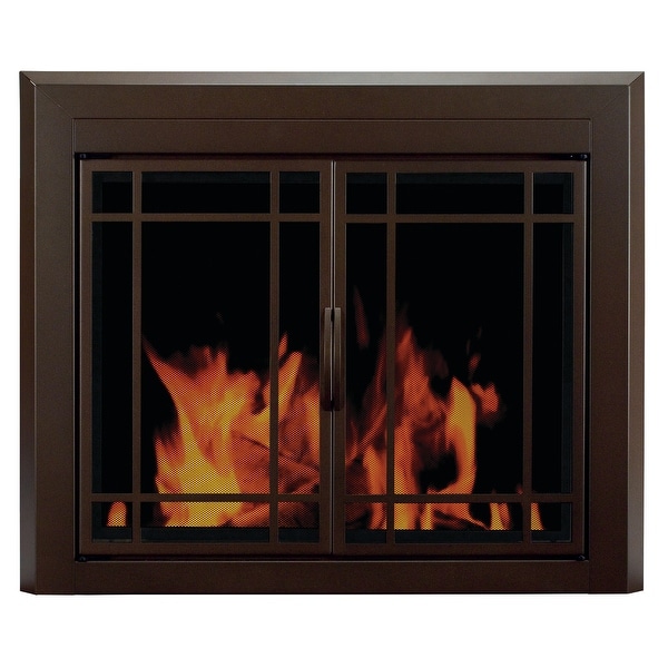 Pleasant Hearth EN-5500 Enfield Prairie 28" H x 37.5" L Small Cabinet Style Fireplace Screen with 9-Pane Smoked Glass Doors