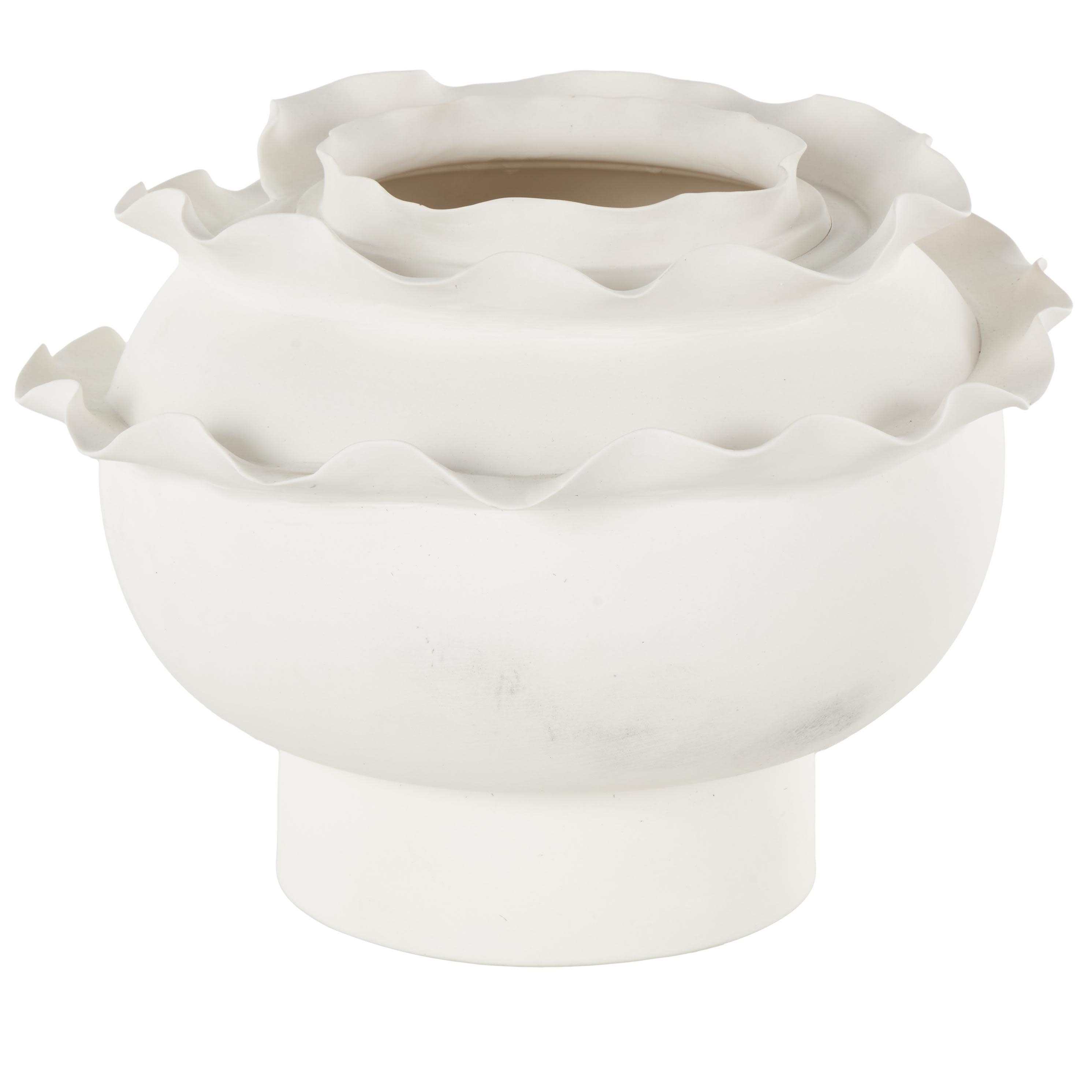 Ceramic Abstract Wide Rounded Floral Inspired Decorative Vase with Layered Petals - White or Black - Roche River Decor