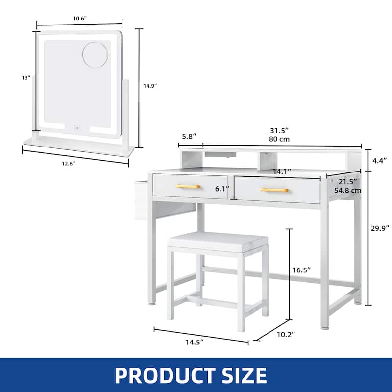 Moasis Vanity Desk with Mirror & Lights, Cream White Makeup Table Set with Stool - 31.5'' W X 21.5''D X 30''H
