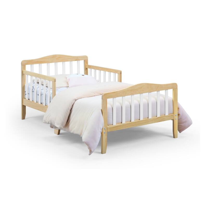 Birdie Toddler Bed in Dark Pink/White with Solid Wood Frame, Low Profile Footboard & Dual Safety Rails