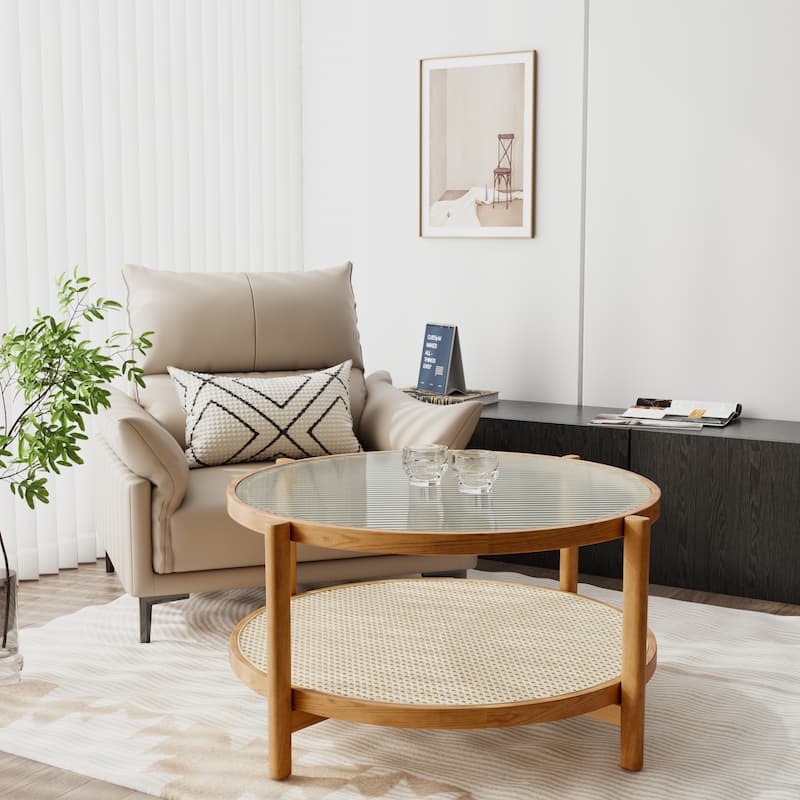 Modern Simple Double-layer Rattan Woven Solid Wood Coffee Table