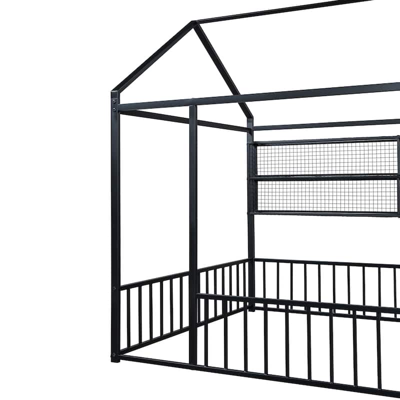 Metal Floor House Bed Frame with Fence and Shelves