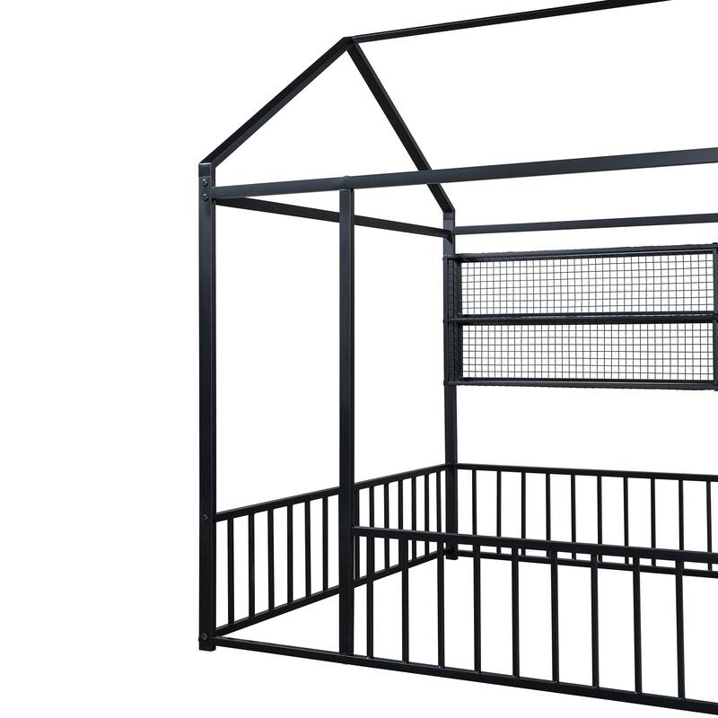 Metal House Bed Frame Kids Montessori Bed Floor Bed with Fence and Shelves for Kids Girls Boys