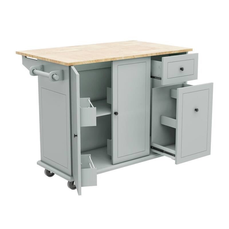Rubberwood Kitchen Cart with Drop Leaf, Internal Storage Rack, and 2 Drawers