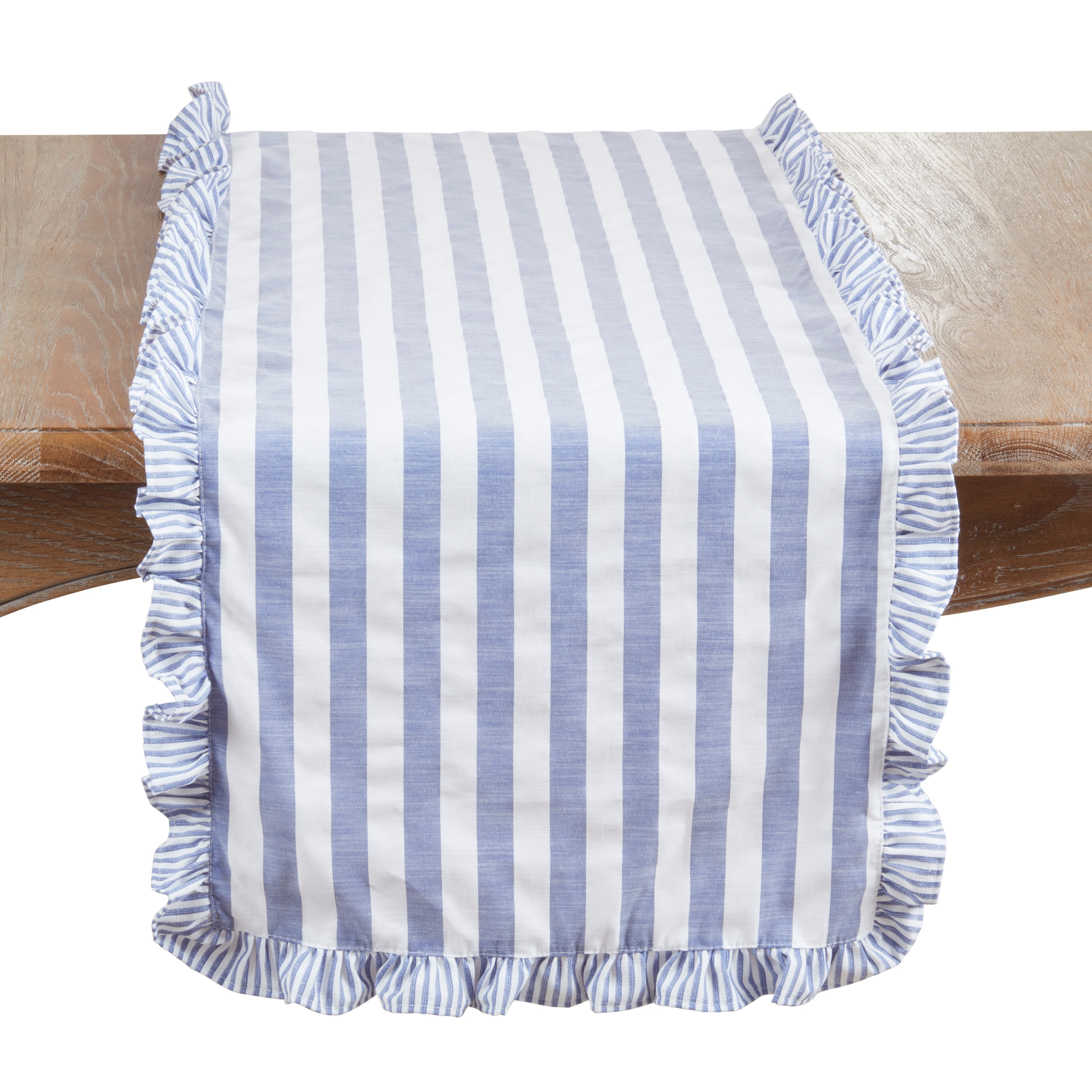 Striped Ruffle Edge Table Runner - Decorative Non-Reversible Cotton Blend Table Runner for Dining Table, 16"x72"