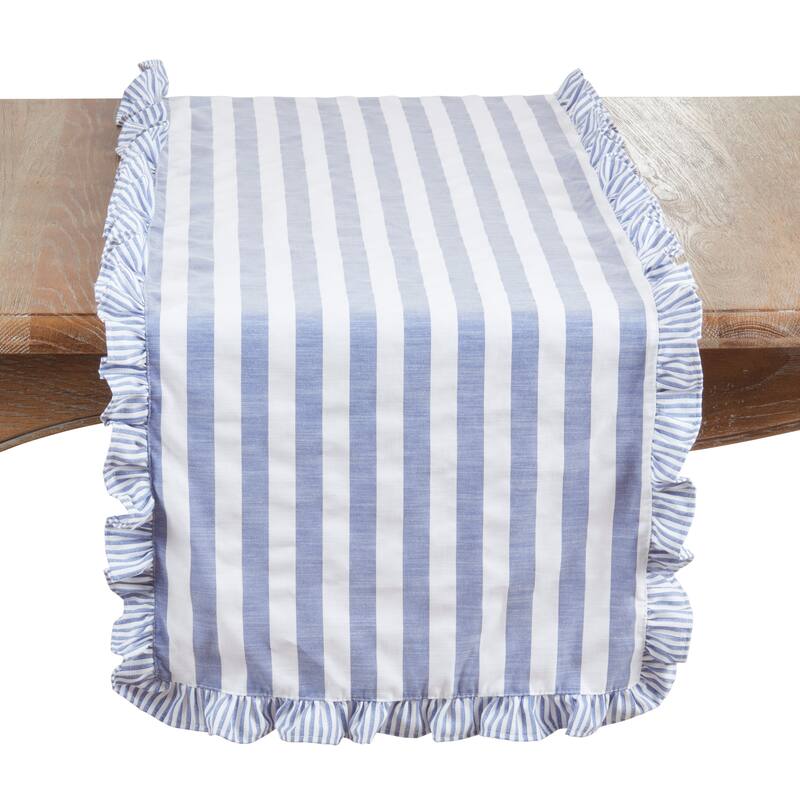 Striped Ruffle Edge Table Runner - Decorative Non-Reversible Cotton Blend Table Runner for Dining Table, 16"x72" - 16"x72" - Navy Blue