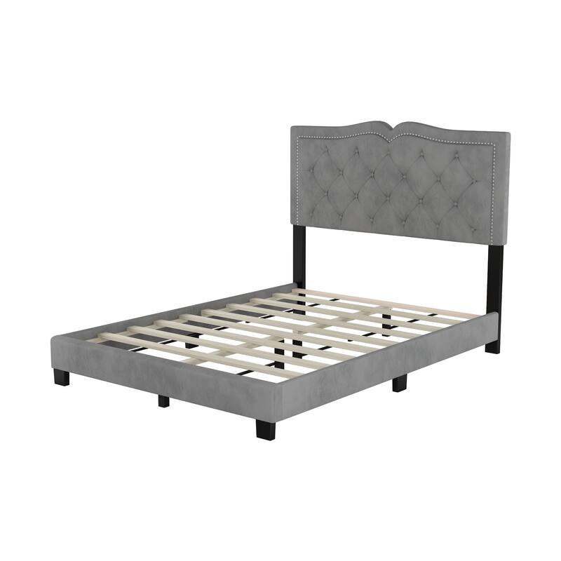 Full Size Upholstered Bed Frame with Rivet Design, Modern Velvet Platform Bed with Tufted Headboard,Grey