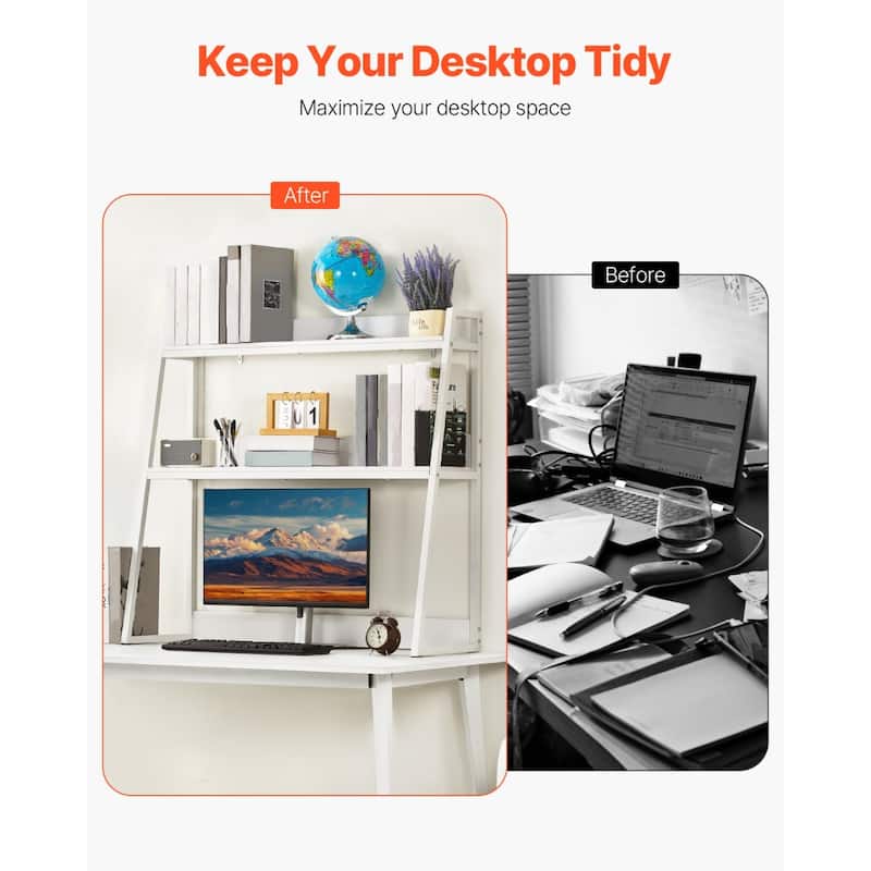 Particle Board Desktop Bookshelf Hutch, 2 Shelves, Anti-Slip Feet Pads - 37.4" L x 12.6" W x 35.4" H