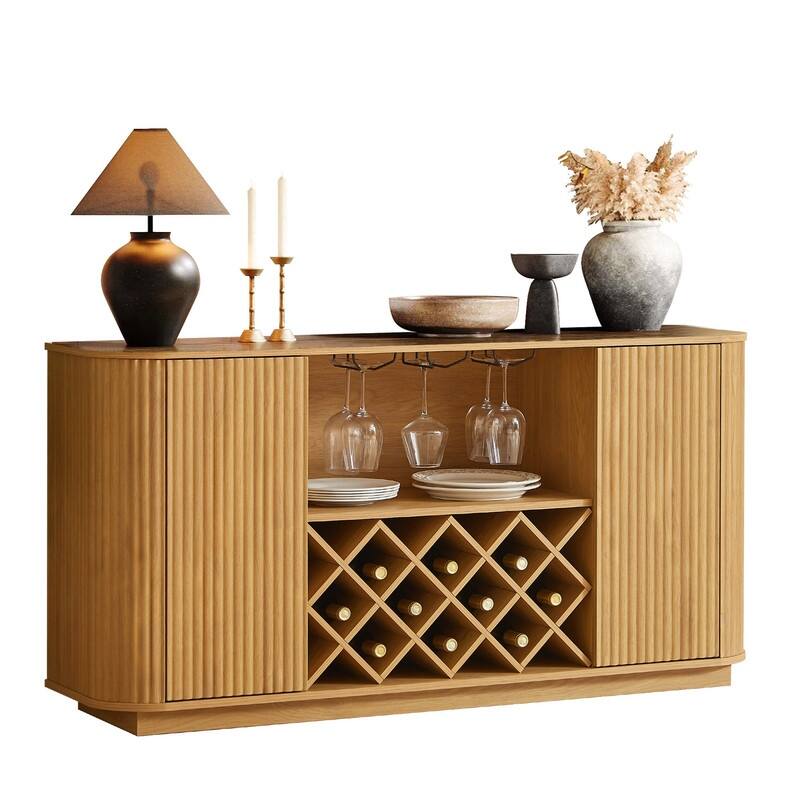 Modern 58" Fluted Curved Sideboard Multifunctional Storage Cabinet with Wine Rack and Adjustable Shelves