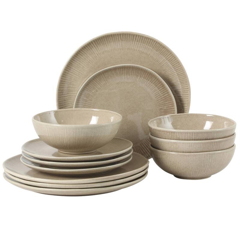Gibson Elite Sandy Pines Stoneware Plates and Bowls Set - 12 Piece Reactive Glaze Dinnerware Set - Service for 4 - Cream Taupe