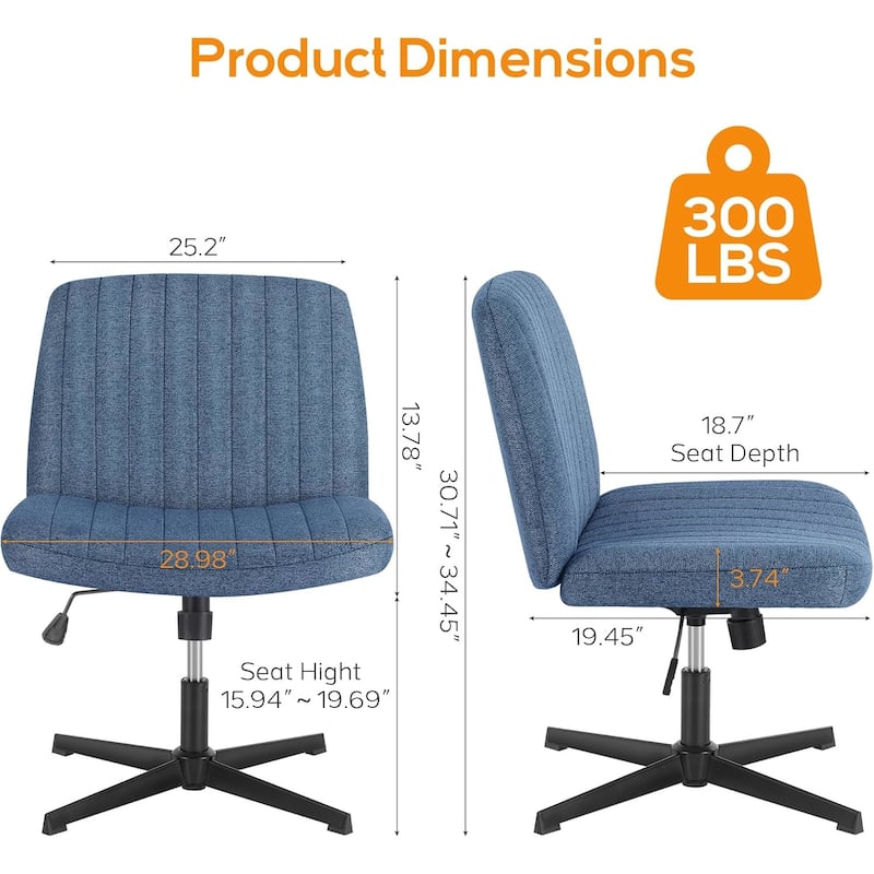 Home Office Desk Chair Criss Cross Legged Office, Wide Comfty Desk, Wheels Armless Computer Task, Swivel Vanity Home Chair